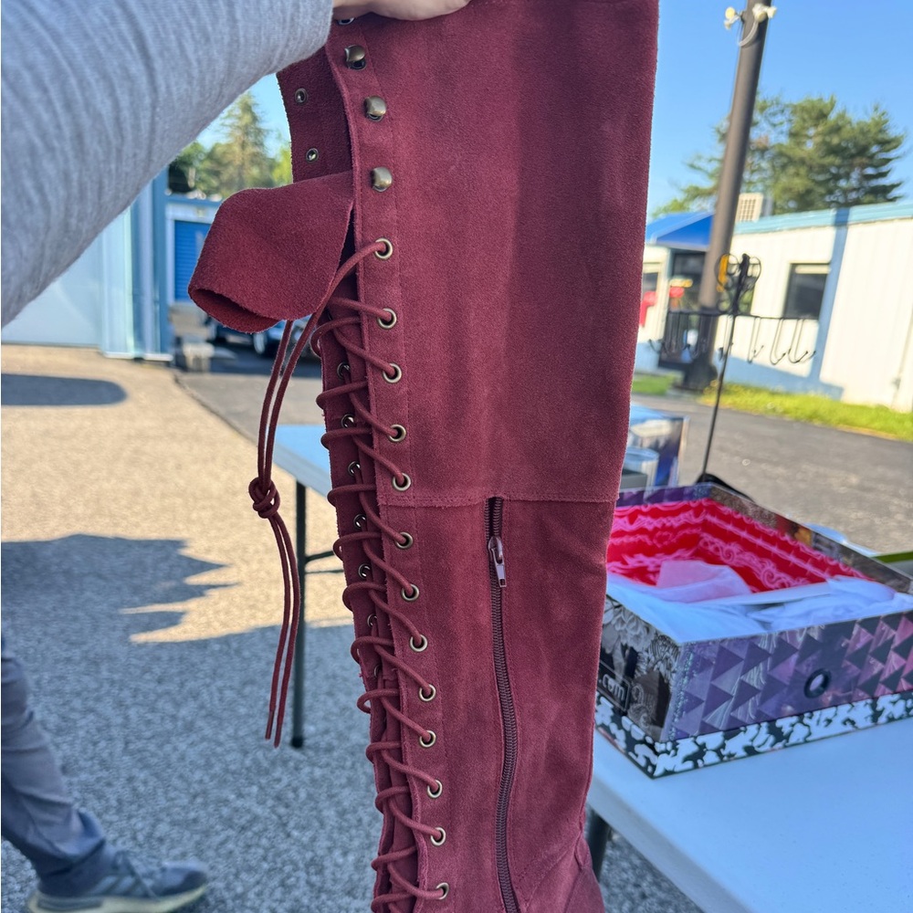 Free People Red Over the Knee Lace-Up Boots NEVER WORN